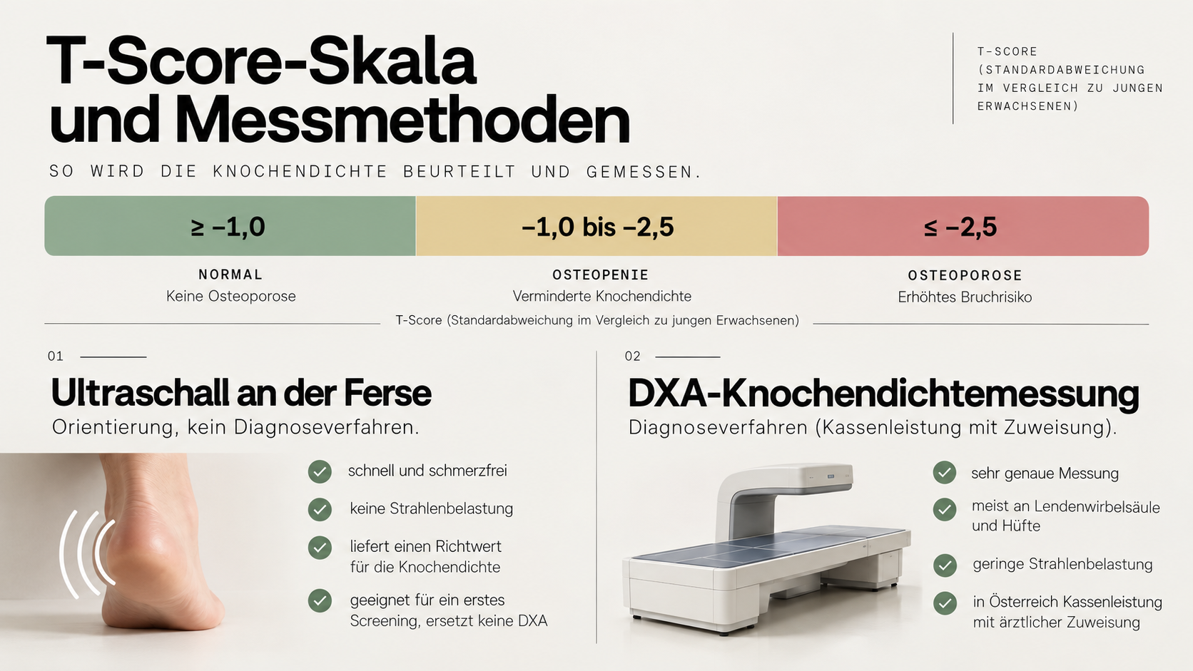 T-Score Skala beo Osteoporose mit Vergleich von Ultraschall an der Ferse und DXA- Knochendichtemessung.